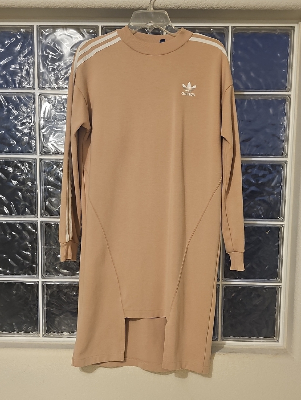 adidas Beige Long Sleeve Sweatshirt Dress with White Stripes - Picture 4 of 11